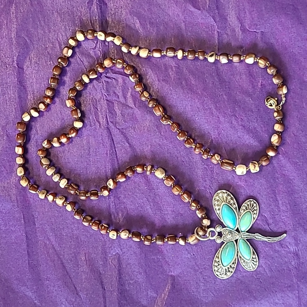 Dragonfly necklace faux turquoise silver brown/white beads beaded long chain